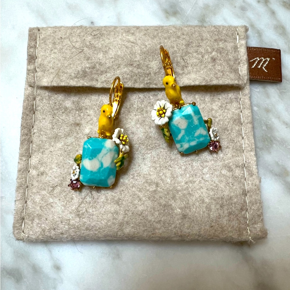 Faux Turquoise and Enamel Drop Earrings With Tiny Birds